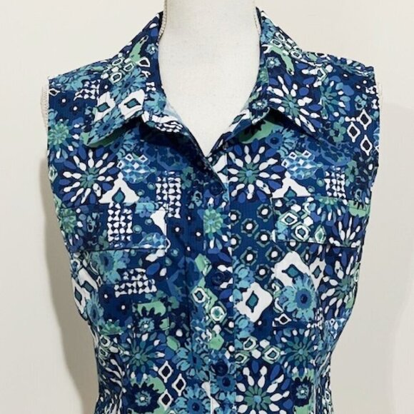 Reel Legends Mariner Blue & White Sleeveless Button Up Top Women's Size M - Picture 2 of 5